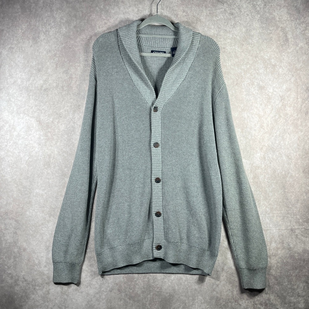 Chaps Cardigan Sweater Mens Large Gray Knit Shawl Collar Fisherman Dad Schoolboy
